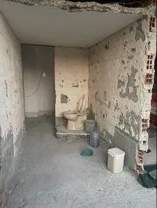 The bathroom stripped to the brick